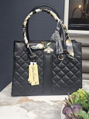 Jolene Couture Black Quilted Tote Bag with Scarf Accent -